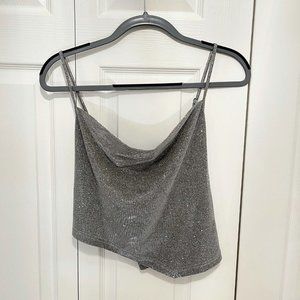 SHEIN Shiny Silver Cropped Cowl Neck Tank